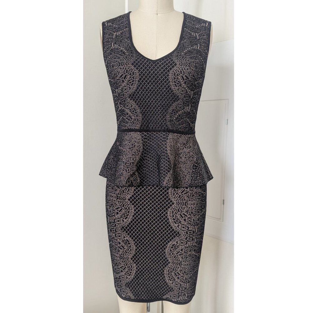 BCBGMAXAZRIA Black/Tan Paisley Knit Jacquard Peplum Top/Skirt Set Size S